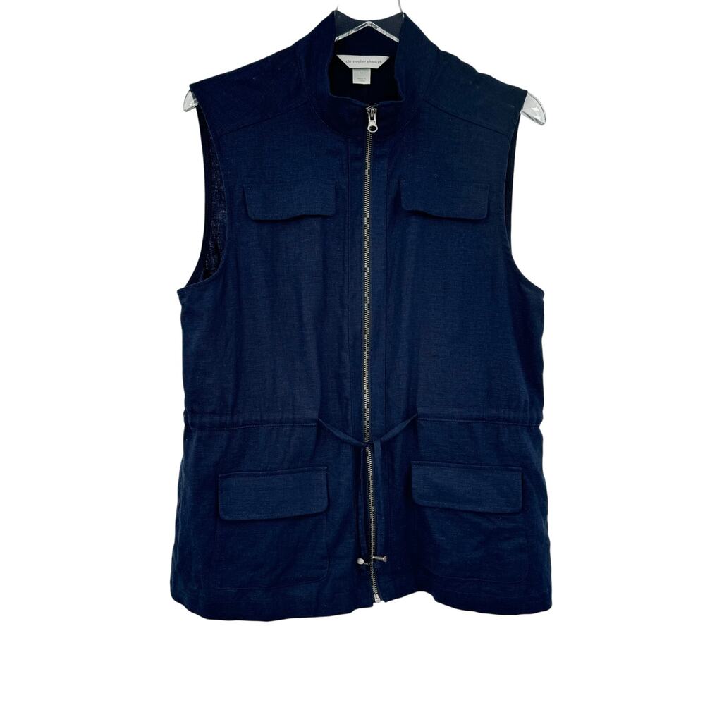 Christopher & Banks utility vest zip front linen blend drawstring waist blue M